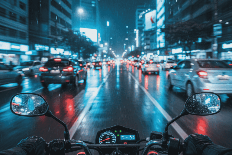 ponto de vista de um motociclista no trânsito noturno, com uma visão das ruas movimentadas e reflexos de luzes de carros no asfalto molhado. A imagem captura o ambiente urbano de uma cidade chuvosa à noite, mostrando os riscos de visibilidade e a condução em condições adversas no trânsito noturno.